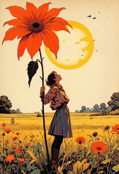 A full-page scan of an old magazine featuring 
A girl holding a huge flower, micro art, girl standing in the autumn field basking in the sun, autumn sun shining brightly, simple background, simple lines, a lot of white space, tilted picture, upward view, strong visual impact in the style of 1960s fashion