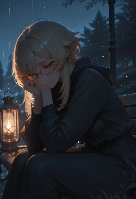 lumine \(genshin impact\), 1girl, sitting on a bench in a park at night, dusk, lantern light, sad, raining, head resting on hands, nerdy glasses
BREAK
(Smooth Quality:0.8),masterpiece,best quality,amazing quality, absurdres, ultra-HD, 8k, fit body, raytracing, soft lighting, volumetric lighting, ambient occlusion,absolutely eye-catching, usnr, (cinematic composition), depth of field, (adult face), (mature female:1.2), very aesthetic, (detailed face and eyes), sharp focus, warm lighting, semi realistic, emphasize body relief, Stylized digital image,
<lora:illustrious_quality_modifiers_masterpieces_v1:1> <lora:USNR_STYLE_ILL_V1_lokr3:0.4> <lora:MGE_V5.2_IL:0.7> <lora:MoriiMee_Gothic_Niji_Style_Illustrious_r1:0.6>  <lora:ppw_v7_Illuv1.0_1_r2:0.4>