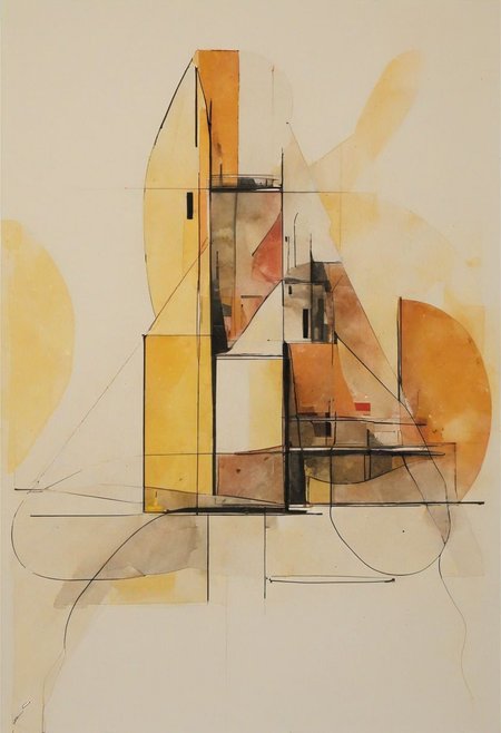 (abstract building painting, brutalist architecture, Bright  YELLOW AND DARK RED color palette, curve, circle, ellipse, core), AK, abstract, deconstruction, geometry, geometric composition,paint painting,harmonious colors, black frame,rectangle, tilt, flat painting, framex, horizontal, Constructivism, Fauvism,