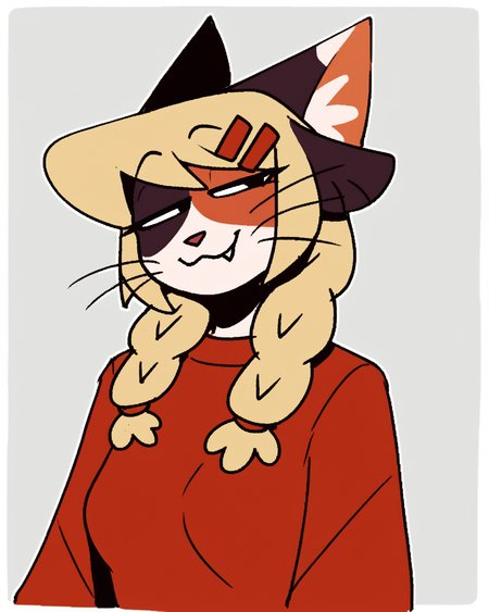 score_9_up, score_8_up, score_7_up, score_6_up, by remanedur, half-length portrait, female, blonde hair, cat, braids, tail, medium breasts, red sweater, twin braids, furry, skirt, hair clip, half-closed eyes, looking at viewer, happy, smug, smile, head tilt, solo, three-quarter view, simple background, white outline,  <lora:Leah_Pines(AIM)_XL_v1:0.15> <lora:PDXL_artist_tags_v2_big:0.5> <lora:The-Minuscule-Task_PDXL_v1.0:0.6>  <lora:Catfish_eviex_01:0.7>