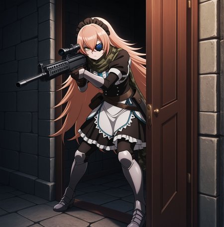 masterpiece,best quality,amazing quality,very aesthetic,absurdres,newest, huge filesize,
<lora:spo_sdxl_10ep_4k-data_lora_webui:0.5>,
<lora:add-detail-xl:1> anime screencap,  overlord,official art, 
BREAK
night ,in door, stone wall,stone floor,
<lora:overlord_The_Sacred_Kingdom_V2:1>overlord_V2,
1girl,
long hair,pink hair, eye eyepatch,  rifle  aiming , 
holding rifle, armor, 
armor,camouflage, 
green eyes,maid headdress,
scarf,maid,boots,
gloves,very long hair,
standing,full body,
armored boots,
o_cz2128, cz2128 delta,