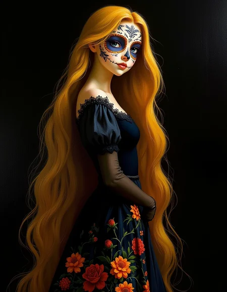 masterpiece, high quality, Oil Painting, Hyper-realistic, half body portrait of a young teen Rapunzel portrayed in Dia De Muertos makeup, her face adorned with intricately painted sugar skull designs in hues of white, gold, and vibrant colors. She has 70 foot long, flowing golden hair, styled into elegant waves that cascade gracefully down her back.  She is a pale, almost translucent white skin. She wears a striking black dress embellished with elaborate floral embroidery in radiant colors such as red, orange, yellow, and green, resembling traditional Mexican patterns. Her posture exudes grace and regality, and her blue eyes are soulful and expressive. The background is a solid black, ensuring she stands out prominently, with a subtle glow or halo effect to add an ethereal touch. The scene is rich in cultural detail, celebrating the essence of Dia De Muertos with dignity and artistic flair.  Her body is skinny and petite. Shadow and light, Masterpiece, intricate lines, intriguing atmosphere, sharp magnificent details, oil painting, delicate features, elaborate details, (2\3 rule composition:0.5), ultra detailed, romantic, Rembrandt lighting, brush stroke, lovely, del1cate_balance style, novuschroma, in the style of Rembrandt. vantablack <lora:style_of_Rembrandt_FLUX_135:.8> <lora:- Flux1 - vanta_black_V2.0:.3> <lora:Delicate_Balance:.3> <lora:neeeg_f1:-1> <lora:113_novuschromaFLX_1:.2> <lora:zavy-disney-rapunzel-fxl:.3>