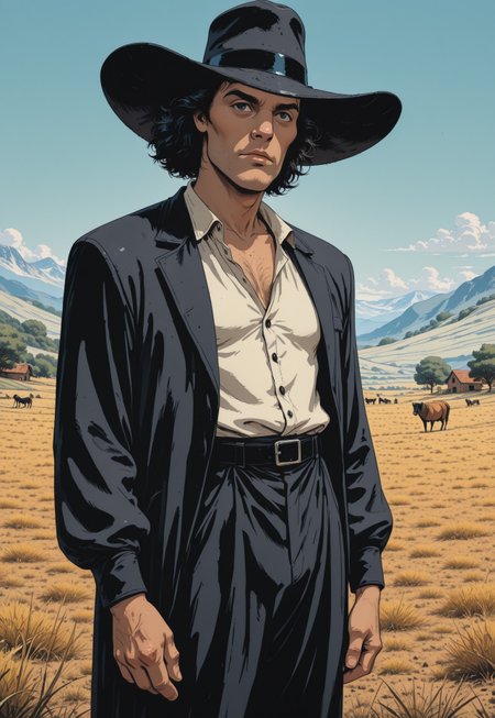 A close-up comic book style illustration of a tall, slender, stylish, roguishly handsome and mysterious cowboy, wearing a stylish suit and black, broad-billed hat, stands isolated in a bleak, rural landscape with an old farmhouse, black-and-white noir photography style, Enki Bilal, Geoff Darrow, Philippe Druillet, Edgar P. Jacobs, Brandon Graham, Linnea Sterte, James Stokoe, Hayao Miyazaki, Katsuhiro Otomo, François Schuiten, 
anime meets ligne claire meets Americana, Westworld meets Cowboy Bebop, RvR_Comic_Style

