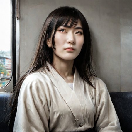 score_9, score_8_up, score_7_up, masterpiece, very high quality, japanese woman, asian face, 1 girl, high cheekbones, flat nose, very wide face, grey eyes, gray eyes, sitting, white shirt, jeans, epiCPhoto, legsonthetra1n, from front, sitting across from viewer, train interior