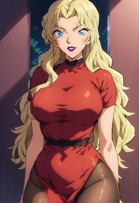 score_9, score_8_up, score_7_up, score_6_up, Light Outline,
large breasts, thin thighs,large ass, thin hips,thin waist,
(((Portrait,Front view,top view, half-body,)))
Vermouth,long hair,blonde hair,makeup,purple lips,lipstick,blue eyes,red dress,
(Sheer Textured Dark Pantyhose,),
 <lora:PONY_Berumotto__Vermouth_Anime_Detective_Conan:1>