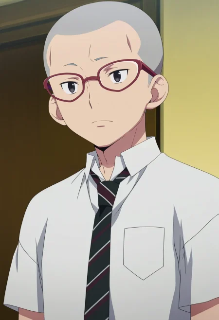 masterpiece, best quality, , anime screencap, anime coloring, official style,, 1boy, solo, male focus, <lora:konekomaru_miwa_ilxl:0.96>, konekomaru_miwa, grey hair, black eyes, bald, glasses, red-framed eyewear, white shirt, collared shirt, black necktie, striped necktie,