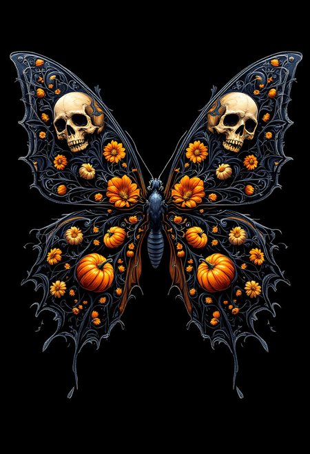 "Create a hyper-stylistic image of a butterfly with its wings splayed out in a dramatic, symmetrical pose. The wings themselves are a masterpiece of Halloween-themed design, with intricate, swirling patterns that resemble skulls and pumpkins. The skulls are delicate and ornate, with tiny details and textures that give them a lifelike quality. The pumpkins are similarly detailed, with ridges and crevices that make them look like they were plucked straight from a patch. The background is a deep, rich black, which allows the vibrant colors of the wings to pop and shine. Incorporate intricate details and textures to bring the butterfly and its wings to life, with a focus on capturing the sense of wonder and magic that comes with Halloween." highest-Quality, intricate details, visually stunning, Masterpiece