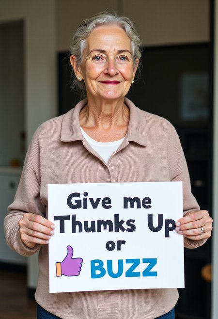 mature woman holding a sign  it says "give me thumbs up or buzz",