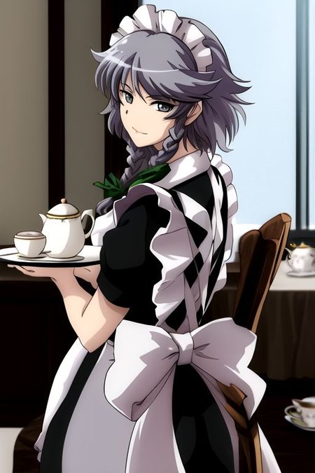 izayoi sakuya, 1girl, apron, balcony, black dress, braid, chair, cup, dress, grey eyes, grey hair, hair ribbon, looking back, maid, ribbon, saucer, solo, table, tea set, teacup, teapot, tray, twin braids, 
masterpiece, best quality, very aesthetic, absurdres, pixiv, anime coloring