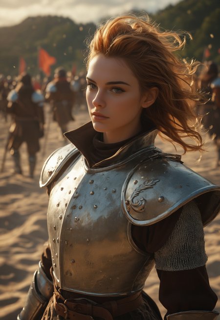 masterpiece, best quality, highly detailed, score_9, score_8_up, score_7_up, score_6_up, score_5_up, score_4_up, Expressiveh, 
1girl, solo, beautiful, stunning, 1girl, solo, Epic Quality, dense Sand storm, dust,  medieval valor: a weathered knight with spiked hair in high collar armor. Positioned in a morning dueling arena, he awaits his opponent with a stance of readiness. the fluttering banners and flags in the wind
((random detailed background))
 <lora:Dynamic Poses:1>
 <lora:detailed_notrigger:1>