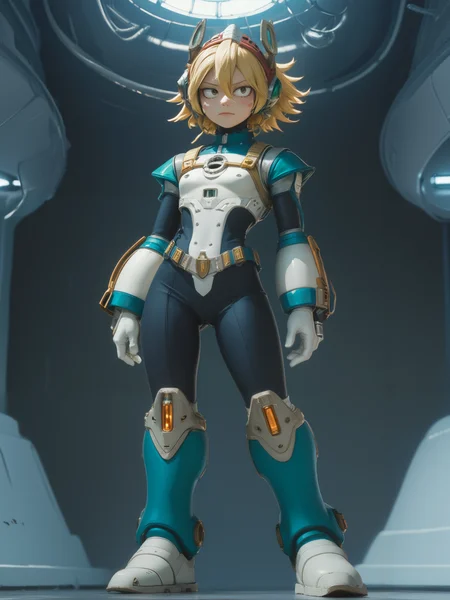 full body, view from bellow, young 1girl, (petite:1.8), large hips, blonde, wearing megaman body coolant, helmet, illustration, masterpiece, hi-res, score_9, score_8_up, score_7_up, score_6_up, score_5_up, score_4_up. <lora:boku_no_hero_academia_style_pony:0.8> boku_no_hero_academia_style <lora:OMG-Is-DucHaiten_v1.0:0.8>,  <lora:Reploid_v2.0:0.8>