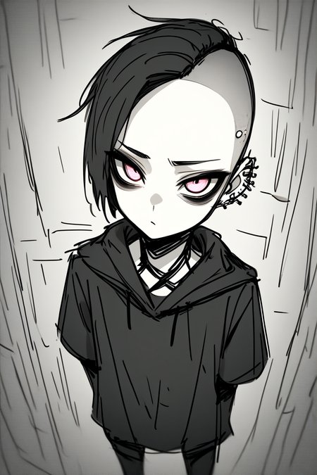 1man, isometric, seen from above, gothic_glittercore, shaved head, flipped finger, fisheye lense, cute, muted color, 
gothic_glittercore, illustration, anime, sketch