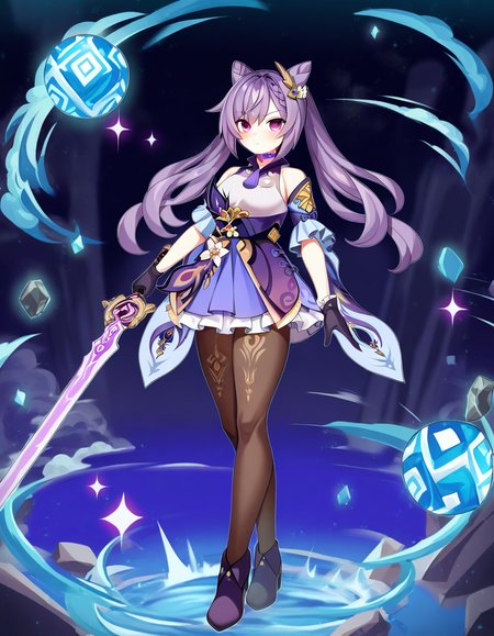 1girl, keqing \(genshin impact\), 
ddg, looking at viewer, choker, frills, holding sword, cosplay, twintails, frilled gloves, purple eyes, blush, breasts, gloves, bare shoulders, weapon, dress, black gloves, pantyhose, keqing \(genshin impact\) \(cosplay\), standing, holding, closed mouth, short dress, long legs, hair bun, sword, double bun, detached sleeves, cone hair bun, black pantyhose, solo, braid, hair ears, full body, hair ornament, long hair, holding weapon, purple choker, medium breasts,
masterpiece, best quality, very aesthetic, newest, absurdres, incredibly absurdres
 <lora:ddg-000028:1>