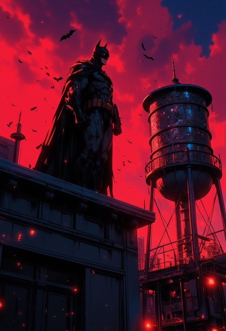 Batman is positioned prominently on a building rooftop, looking down over the city in a vigilant stance.
He wears his  black suit, complete with a cape that flows down his back, creating a silhouette effect against the  night sky.
The sky is tinged with a moody blend of dark red and purple tones, creating an intense, 
Stars are faintly visible in the night sky, 
A flock of bats is shown flying around Batman,
The rooftop Batman stands on has a modern industrial look, with large windows that are darkened, suggesting it is late at night.
To the right of Batman, a tall, cylindrical water tower with a mosaic-like pattern stands on a metal frame. The water tower 
The light source behind Batman casts a dramatic glow, giving him a backlit effect and making him the focal point of the image.
The color palette is dominated by shades of dark red, purple, and black, creating a noir-inspired, intense ambiance.