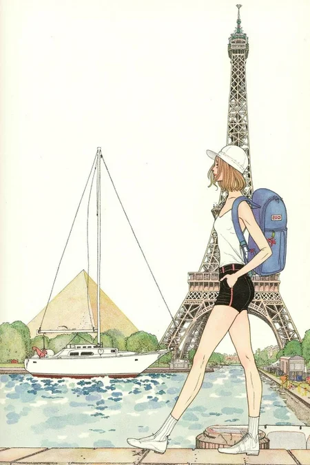 kaynielsen1 illustration.
A woman in a white tank top and black shorts. She is wearing a white baseball cap. She has a blue backpack on her back. Behind her is the Eiffel tower. To the left of the woman is a white sailboat. Behind the sailboat is a pyramid 
 <lora:kaynielsen1_d8a4e12:1.0><lora:866147341680259428:0>