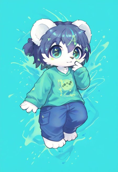 score_9, score_8_up, male, solo, full body, digital art, highly detailed, <lora:CuteMixPDv4:1>, zPDXL2, zPDXLpg, zPDXL, bear, green shirt, big eyes, large pupil, look at viewer, furry, kemono, cute, anthro, zavy-splsh, paint splash, green paint splash, dreamful background, white fur, white body, 1boy, pure blue eyes