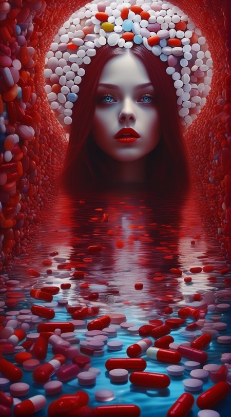 In the depths of the pills, a dark and mysterious world unfolds, where a surreal girl with eyes of liquid red wanders, lost in the pills enigmatic dreamscape surrealistic <lora:pills:1>