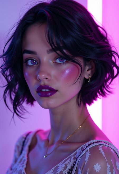 Arabian female model with short hair. the portrait was shot on a leica camera with gorgeous lighting and subtle pastel hues. the image is in 8k resolution and features heavy, dark, and prominent purple lipstick, purple eyes, magic particles, multiple references, CharacterDesignFLUX