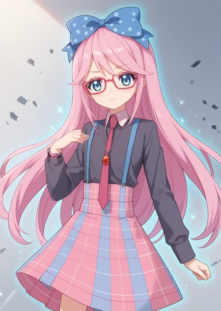 score_9, score_8_up, score_7_up, score_6_up, score_5_up, BREAK
humanluna, 1girl, solo, blue eyes, long hair, pink hair, skirt, necktie, suspenders, red-framed eyewear, watch, long sleeves, polka dot bow, glowing