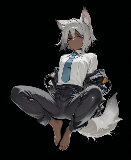 <lora:amrkdrw:1> amrkdrw,
(masterpiece), (best quality), (ultra-detailed), amazing quality, very aesthetic, illustration, perfect composition, intricate details, absurdres, incredibly absurdres, shiny skin, realistic,
 amrkdrw, solo, simple background, chain, blue necktie, 1girl, black , pants, purple eyes, dark skin, necktie, animal ears, skinned female, shirt, no humans, tail, looking at viewer, grey hair, black background, hair between eyes, white shirt, black pants, , jacket, animal ear fluff, toe, black jacket, off shoulder, full body, general