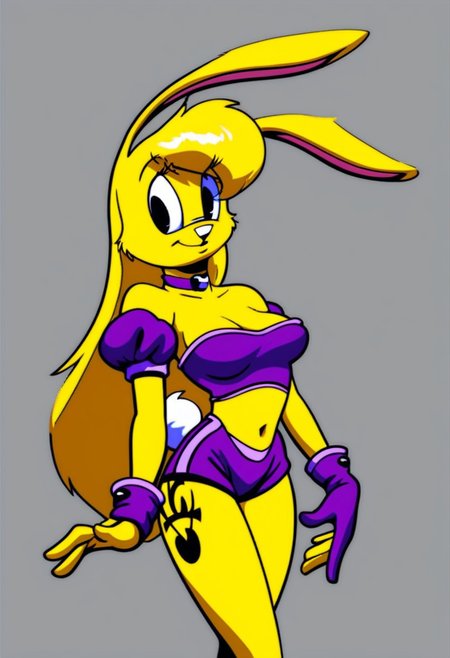 score_9, score_8_up, score_7_up, score_6_up, score_5_up, score_4_up, retro artstyle, BREAK 
LoriJackRabbitPXL, rabbit girl, long blonde hair, yellow fur,1girl, solo, animal ears, puffy detached sleeves, rabbit ears, long hair, purple shorts,rabbit tail, bandeau, detached sleeves, strapless, tube top,rabbit girl, tattoo, choker,yellow hair, midriff,puffy sleeves, navel, bare shoulders, breasts, arm garter, gloves,black eyes, skirt, shorts, looking at viewer, standing, 1990s \(style\), cowboy shot
<lora:lorijackrabbit-v1:0.9>