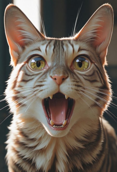 masterpiece, best quality, intricate details, very aesthetic, absurdres, newest, depth of field, cinematic lighting, dramatic lighting, (blurred background), ((animal focus, grey cat, looking at viewer, surprised, no humans, open mouth, realistic, fish eye, straight-on )),  fangs, shocked cat \(meme\), tabby cat, whiskers, wide-eyed