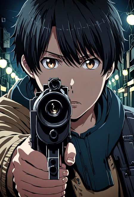 high resolution, solo, best quality, 1Boy, Inaho Kaizuka, Black Hair, portrait, midnight, dim street lights, mysterious, threatening, gun, aiming the gun to the viewer, OverallDetail