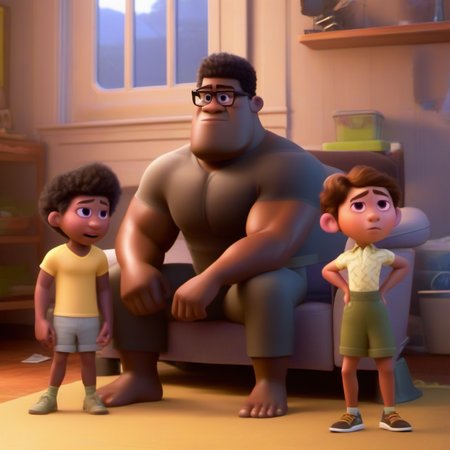 pixar style, masterpiece, best quality, muscular black guy with his family  <lora:PixarXL-000003:1>