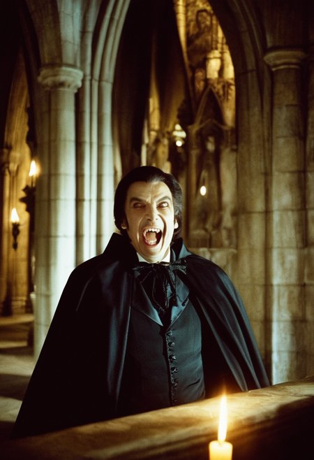 close-up portrait photo of aristocrat vampire man laughing showing (fangs:1.2), standing in gothic cathedral, dark suit and cape, (pale skin:1.2), dark hair, , dramatic shadows under candlelight <lora:h4mm3r:0.8>