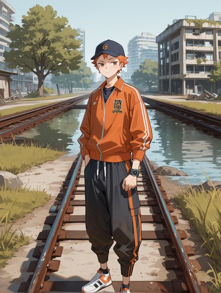HinataShoyoCYQL,1boy,male focus,solo,short hair,orange hair,brown eyes,Track jacket, Logo tee, Jogger pants, Athletic sneakers, Sport watch, Baseball cap,frown,looking_away,
BREAK
scenery,outdoors,ruins,railroadtracks,water,tree,building,rust,grass,,
BREAK
usnr,748cmstyle,<lora:USNR STYLE_XL_loha:0.45>,<lora:spo_sdxl_10ep_4k-data_lora_webui:0.6>,<lora:illustrious_all_rated_v1:0.6>,<lora:748cmSDXL:0.6>,<lora:illustrious_quality_modifiers_masterpieces_v1:0.8>,<lora:HinataShoyoCYQL:1>,
perfect quality,high quality,masterpiece,best quality,amazing quality,very aesthetic,absurdres,newest,