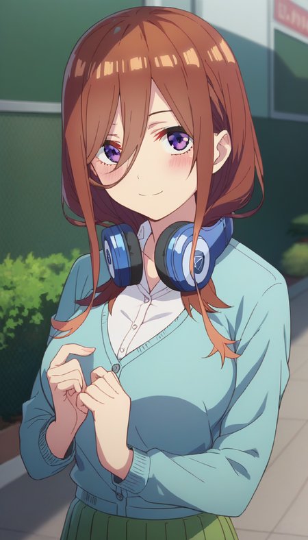 score_9,score_8_up,score_7_up,score_6_up BREAK official art,solo,outdoors,upper body,(portrait:1.5),looking at viewer,facing viewer,smile,blush,Nakano Miku,long hair,brown hair,shiny hair,hair between eyes,parted bangs,purple eyes,headphones around neck,school uniform,aqua cardigan,white shirt,collared shirt,large breasts,long sleeves,green skirt,pleated skirt,brown pantyhose,loafers,<lora:Nakano Miku(tqq)-Pony:1.6>,