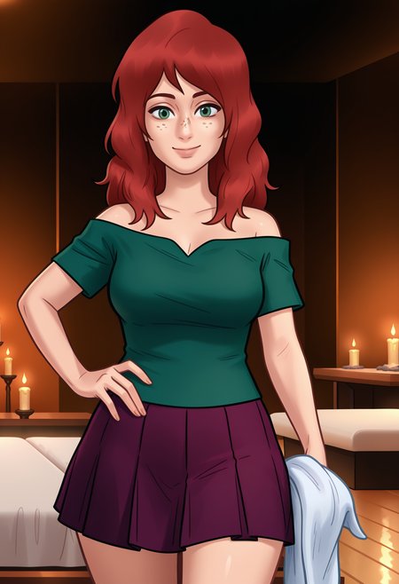 <lora:Ivy [Illustrious] Summertime Saga:1>, SSI, freckles, green eyes, red hair, long hair, green shirt, off-shoulder shirt, purple skirt, pleated skirt, standing, holding towel, looking at the viewer, smile, cowboy shot, hand on own hip, indoors, spa, candle, massage table, darkness, candlelight,