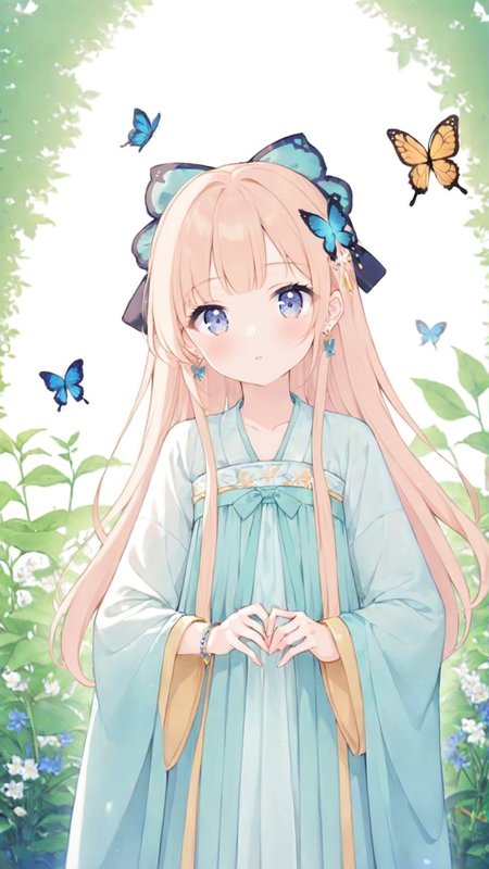 1girl,upper_body,straight on,frontal view,looking at viewer,hair_ornament,(hair bow:1.1),round face,(long hair:1.1),light_blush,hanfu,tang style outfits,butterfly,soft lighting,drop earrings,bracelet,<lora:tangStyle_sdxl_autodl_v36:0.6>,random color,flower and plant background,drooping arm,fine hands,