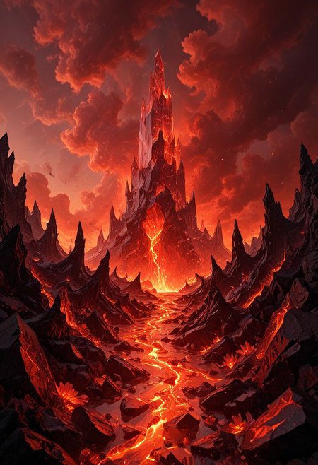 (8k landscape photography:1.2) an massive shiny crystal glass tower in an ethereal hell landscape surrounded by glowing flower crystals, a red sky,cloudy sky