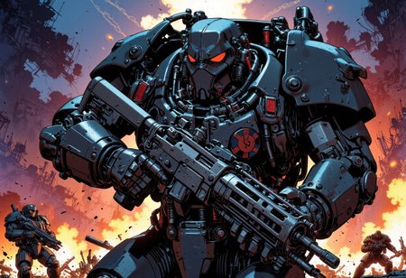 The man is a heavily armored warrior in futuristic black power armor stands confidently, wielding a massive gun with intricate details. The armor is bulky, with reinforced plating, large shoulder pads, and complex mechanical joints. The helmet has a slit like visor and built from multiple triangular metallic elements, giving the character a rugged, battle-hardened look. The gun features are visible wiring and mechanical components, emphasizing its powerful nature. The character exudes strength and resilience, with an imposing and intimidating stance. He is in a massive fight against monsters with a futuristic rifle. ultra realistic, masterpiece, high detailed skin. We are in a battlefield, explosions everywhere, soldiers fighting. It is nighttime
