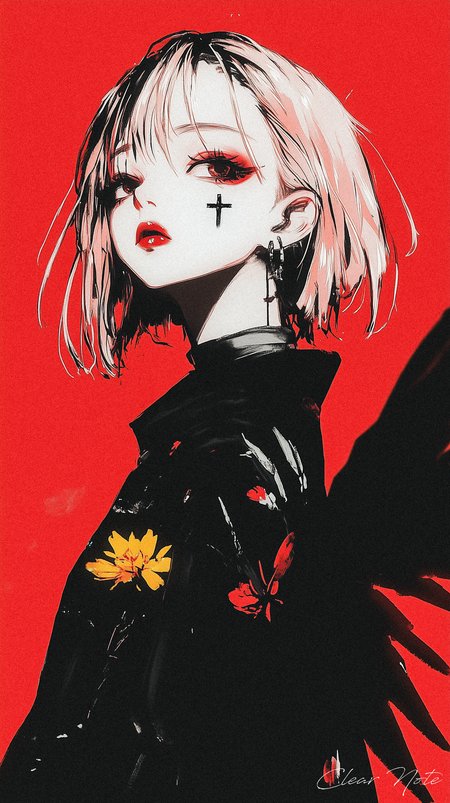 Japanese anime art style, A solitary girl stands in calm contemplation, her short pink hair framing her face. A black cross design subtly marks her cheek, adding depth to her expression. She wears a sleek black uniform, featuring delicate yellow flower embroidery that contrasts with the darkness of her attire. Dark, graceful wings extend behind her, carrying an air of quiet power. Set against a simple, serene red background, her presence is both mysterious and tranquil, radiating a sense of inner peace despite the strong, bold features that define her.