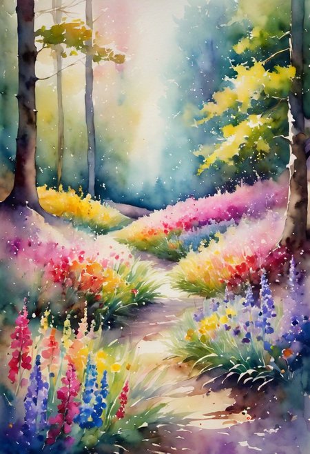 A captivating watercolor painting depicting a dreamlike landscape where reality and fantasy seamlessly merge. Colorful flowers bloom in abundance, releasing their enchanting fragrance into the air. The flora varies from delicate pastel hues to bold, vibrant colors, creating a symphony of visual and olfactory delight. The flowers appear to have a life of their own, as if they hold the essence of the soul, and their fragrance is carried by the gentle breeze, caressing the skin with a sense of pure bliss.