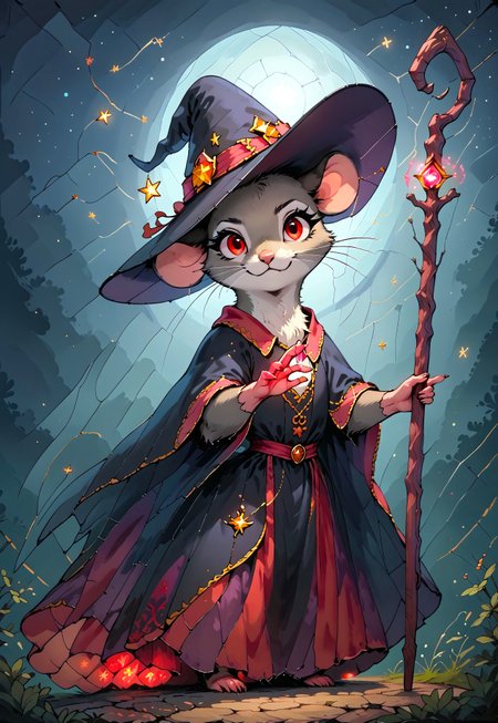 score_9, score_8_up, score_7_up, score_6_up, score_5_up, score_4_up, m0use_goldie, ArsMJStyle, Stained Glass, multicolored, glowing, (cute), (feral:1.5), red eyes, (grey fur, black ears), (black dress), (witch hat:2), (magic staff, magic spell:1.8), look at viewer, (dynamic pose, action pose:2), (dark, night, stars, night sky:2), (annoyed expression), (low angle view), (floating, flying, levitating), dark aura
