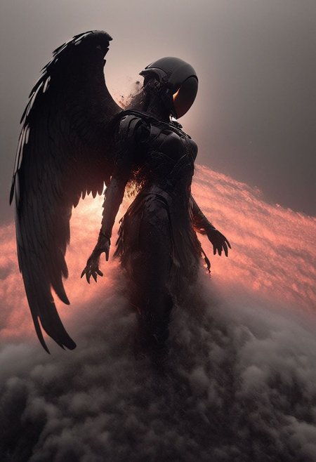 Dark luminous translucent Wings, Above the Clouds Loosing feathers, floating feathers, subsurface scattering, Capture the dystopian spectacle of female Icarus ascending too close to the sun, seen from below. Witness her wings, illuminated by the piercing light of a Blood moon, shedding feathers as they struggle against the inevitable descent. 
subsurface scattering, Angel Icarus LiS_Robot By tim burton with Large vanta black spreaded  Wings, large hooded Cape, liminal space cloud, Neon translucent Soundwaves visible on the face,
atmospheric haze, Film grain, cinematic film still, shallow depth of field, highly detailed, high budget, cinemascope, moody, epic, OverallDetail, 2000s vintage RAW photo, photorealistic, candid camera, color graded cinematic, atmospheric lighting, imperfections, natural, shallow dof