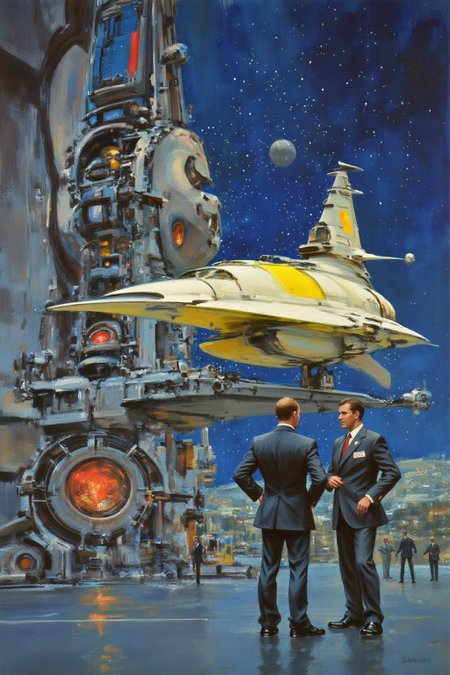 jober1 illustration.
sydme1 painting 
a futuristic spaceport or hangar, likely from a science fiction setting. The scene is set in a high-tech, industrial environment with metallic surfaces and advanced machinery. The foreground features a sleek, yellow and white jet aircraft on a raised platform, flanked by two men in dark business suits, standing and discussing. The jet has a sleek, aerodynamic design with a cockpit and wings, suggesting it's a high-performance craft.  <lora:jober1_cap_d6a3e12:1.0><lora:819136270350516881:0>