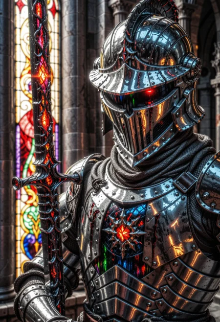 cinematic photography, upper body portrait of armored knight, wielding huge greatsword made of stained glass, bloody helmet with closed visor, glitching, black armor made of steel and chitin, highly detailed, chromatic aberration <lora:dmd2_sdxl_4step_lora> <lora:xl_spo_sdxl_10ep_4k-data_lora_webui> <lora:xl_chromatic_a_CAXL_001_4>