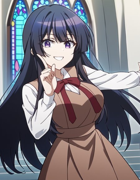 score_9, score_8_up, score_7_up, source_anime, <lora:spyroom-thea-s2-ponyxl-lora-nochekaiser:1>, thea, long hair, bangs, black hair, purple eyes, black hair, large breasts,, shirt, long sleeves, dress, bow, school uniform, white shirt, collared shirt, red bow, neck ribbon, brown dress, church, steeple, pews, altar, holy, smile, <lora:hoshino-ruby-dance-ponyxl-lora-nochekaiser:1>, hoshino ruby dance, finger wagging, index finger raised, dancing, outstretched arm,, looking at viewer, solo,, dutch angle, cowboy shot