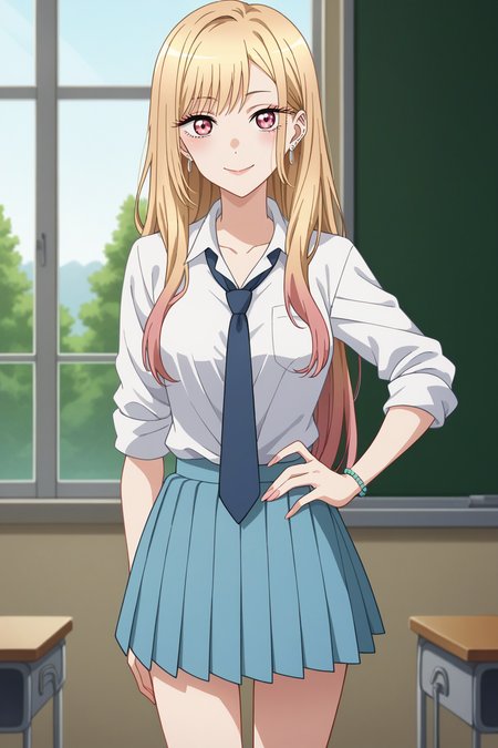 score_9, score_8_up, score_7_up, source_anime, 1girl, prefect lighting, very aesthetic, intricate details, highly detailed background, masterpiece, high quality, prefect hands, best quality, solo,
<lora:Marin_Dress_up_Darling_V1:.85>, KJOmarin, blonde hair, long hair, pink eyes, earrings, ear piercing, 
collared shirt, sleeves rolled up, loose necktie, blue pleated skirt, 
hand on own hip, smile, closed mouth, looking at viewer,
classroom, window, sunny, tree,
(Beautiful, medium Breasts:1.2), natural breasts,
