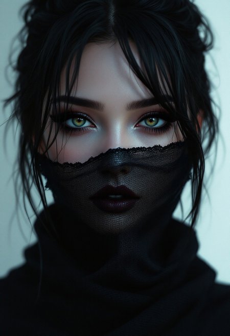 anime digital painting gothic  niji style,  A mesmerizing portrait capturing the essence of timeless beauty Photorealistic portrait of a stunning  woman with a delicate, partially obscured face . Her deep, smoky eyes are accentuated by bold, dark kohl eyeliner and dramatic eyeshadow, giving her an intense, mesmerizing gaze. her lower face is obscured by a sheer see through style face veil supernatural , sci-fi gothic, set against a minimalist sci-fi background,  authority and mystique