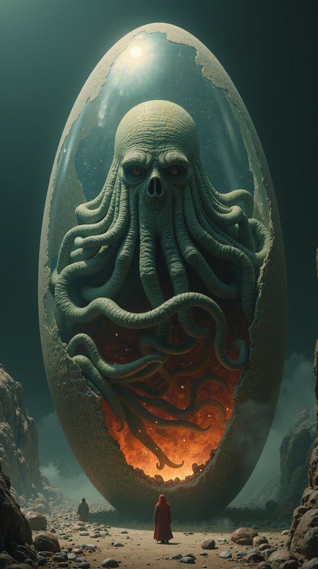 megalophobia, imagine a giant galactic transparent egg, inside of that egg the old god Cthulhu just woke up from his eternal sleep and he is very angry, in the style of H.R Giger, Bekskinski, Gentileschi <lora:megalophobia_v3_j2t_rank32_bf16:1>