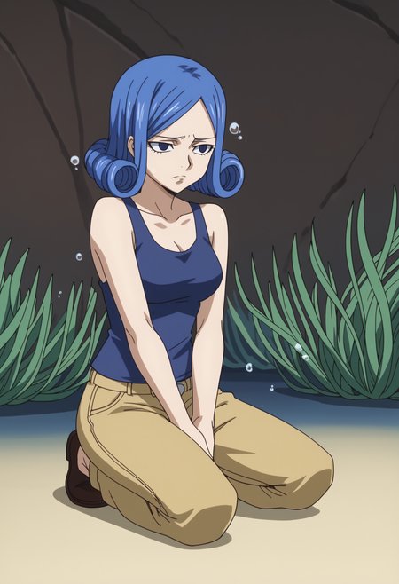 score_9, score_8_up, score_7_up, anime screencap, BREAK, 1girl, (solo:1.2),   <lora:DX888Juvia:1>, juvia lockser, blue hair,  curly hair, blue eyes, short hair,  ,   BREAK   Kneeling, hands clasped in prayer,  expressionless, half-closed eyes, nervous, nervous sweating, looking away, frown,  underwater, bubbles, seaweed, Tank Top & Cargo Pants - Casual tank top, cargo pants with multiple pockets.