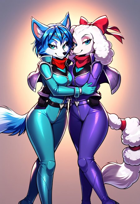 score_9, score_8_up, score_7_up, score_6_up, score_5_up, highest quality, detailed, great lighting, beautiful, masterpiece, 4k, clean, crisp, cinematic, 2girls, duo,
BREAK
Krystal_StarFox, blue fur, blue hair, short hair, anthro fox, fox girl, white muzzle, blue jumpsuit,
BREAK
Fay sinclair, white fur, anthro poodle, dog girl, fluffy ears, teal jumpsuit, red neckerchief,
BREAK
hug, perfect anatomy, curvy, clothed, open jacket, looking at viewer, bedroom eyes, seductive look, smile, equal height