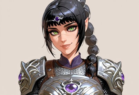 masterpiece,best quality,amazing quality, absurdres, <lora:shadowheart_bg3_ilxl_goofy:1> shadowheart \(baldur's gate\), 1girl, black hair, braid, breasts, elf, detailed eyes, green eyes, large breasts, detailed lips, glossy lips, long hair, looking at viewer, multi-tied hair, pointy ears,scar on face,  simple background, smile, solo, body armor, shoulder pads, ,breastplate, chainmail,