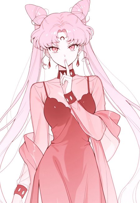 masterpiece, best quality, absurdres, very aesthetic, high score, black_lady_usa, 1girl, facial mark, solo, crescent facial mark, hair bun, cone hair bun, crescent, double bun, forehead mark, jewelry, crystal earrings, twintails, earrings, long hair, aged up, pink theme, looking at viewer, finger to mouth, pink hair, see-through, dress, white background, monochrome, parted bangs, simple background, very long hair,