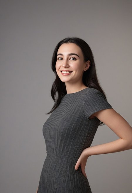30yo american woman in a photostudio
Modeling High cut, high Quality Dress.
Slight makeup, heavy rimmel. Clear skin.  realistic skin style
Long dark black slick back hair. 
Shooting light, indors, cable light
Studio background.
Winking left eye. Smiling.
Bokeh. Heavy Bokeh light.